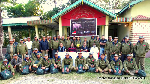 38 forest officials of BTC along with instructors and Divisional Forest Officer (Kachugaon) along with the resource persons of Assam Forest Department (AFD), International Fund for Animal Welfare (IFAW) and Wildlife Trust of India (WTI) after completion of Wildlife Crime Prevention Training at Sri Rampur IB on Monday,30th November 2015. The trainees were supported with basic field gear after completion of the training by IFAW-WTI.The wildlife crime prevention training is conducted by IFAW-WTI with support from AFD under Van Rakshak Project to strengthen the knowledge on quality offence report writing to prevent wildlife crime which is affecting the forest and wildlife in India. Photo: Sanatan Deka/IFAW-WTI