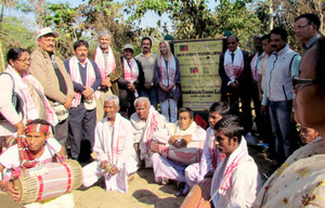 The foundation stone of CWRC Interpretation Centre was laid by R P Agarwalla, PCCF (WL) and Chief Wildlife Warden, Assam (7th from Left) in presence of Ruth Powyes, CEO, Elephant Family (6th from Left), Dr. Ram Boojh, UNESCO India (8th from Left) and Vivek Menon, Executive Director & CEO of Wildlife Trust of India (3rd from Left), M K Yadava, Director, KNP (4th from Left), along with other officials of WTI,AFD and villagers at Borjuri near Kaziranga National Park on Sunday, December 28, 2014.Photo:Raju Kutum/WTI