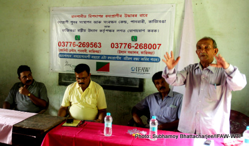 Jagat Bahadur Chetri, eminent social worker of Kaziranga addressing the participants  at Japori Pothar M E School during pre-flood awareness meeting on 14th June 2015.Photo:Subhamoy Bhattacharjee/IFAW-WTI